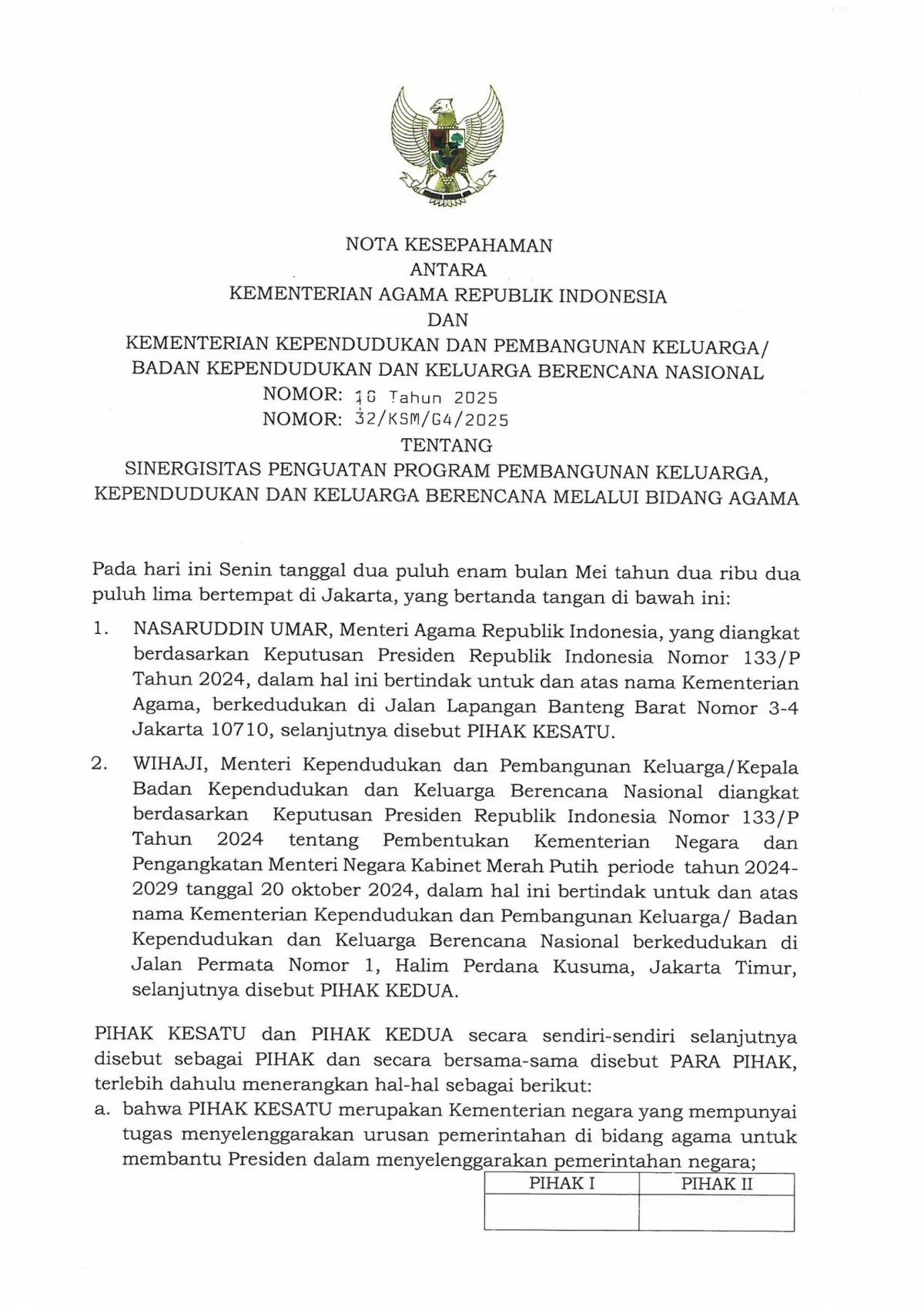 Nota Kesepahaman Antara Kementerian Agama Republik Indonesia dengan Kementerian Kependudukan dan Pembangunan Keluarga/BKKBN Nomor 32/KSM/G4/2025